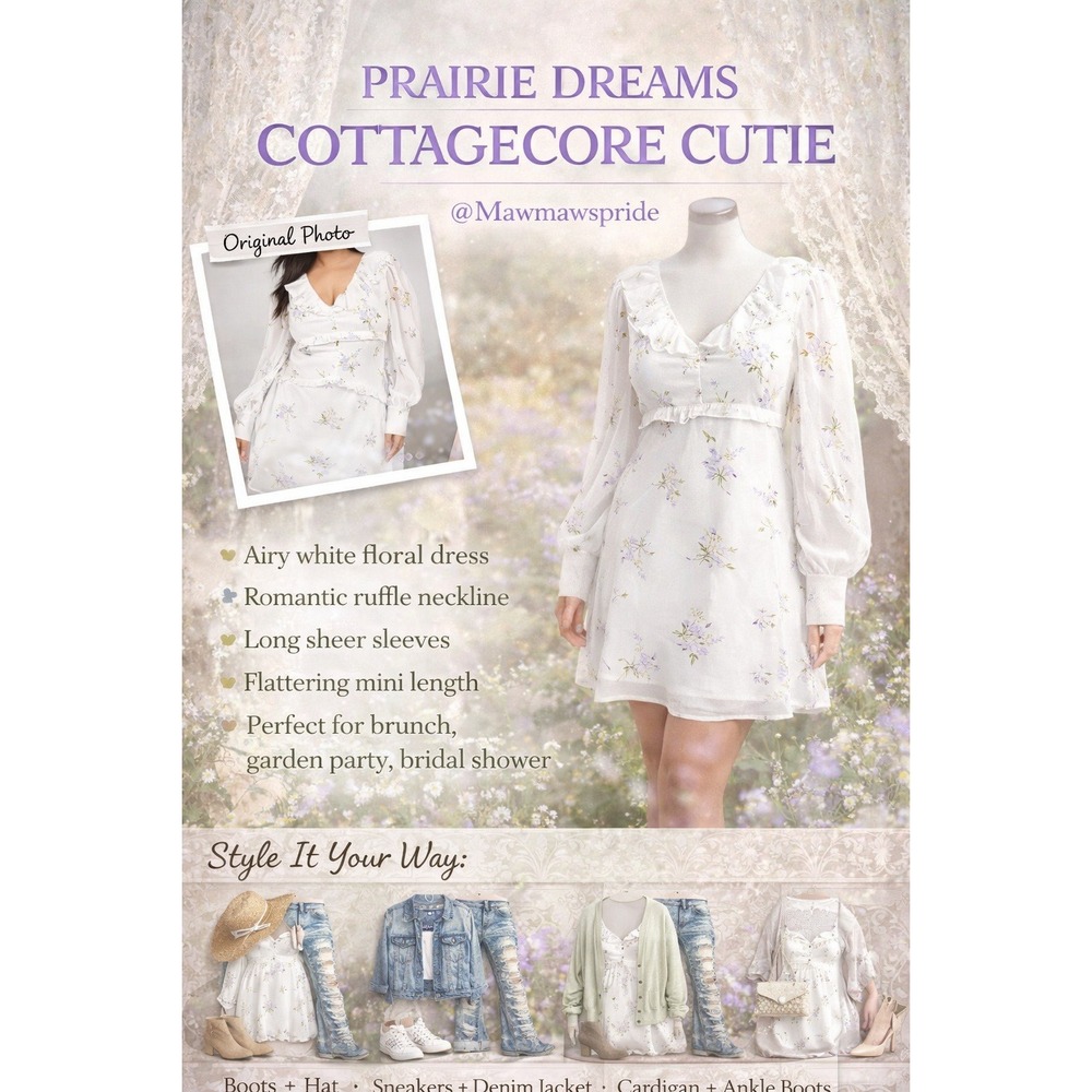 Boohoo White Floral Ruffle Long Sleeve Mini Dress Boho Prairie Airy Cottage 24‎